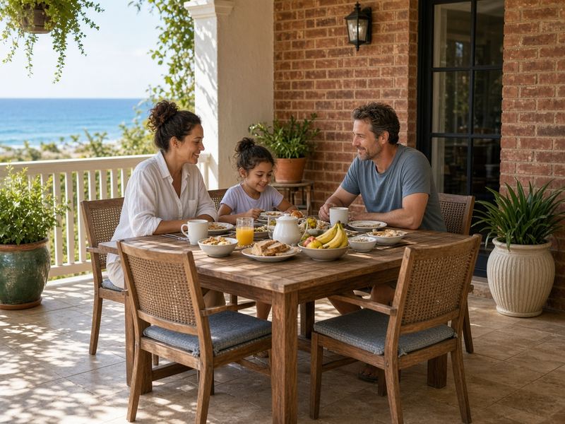 Family having breakfast on a verandah with the ocean behind